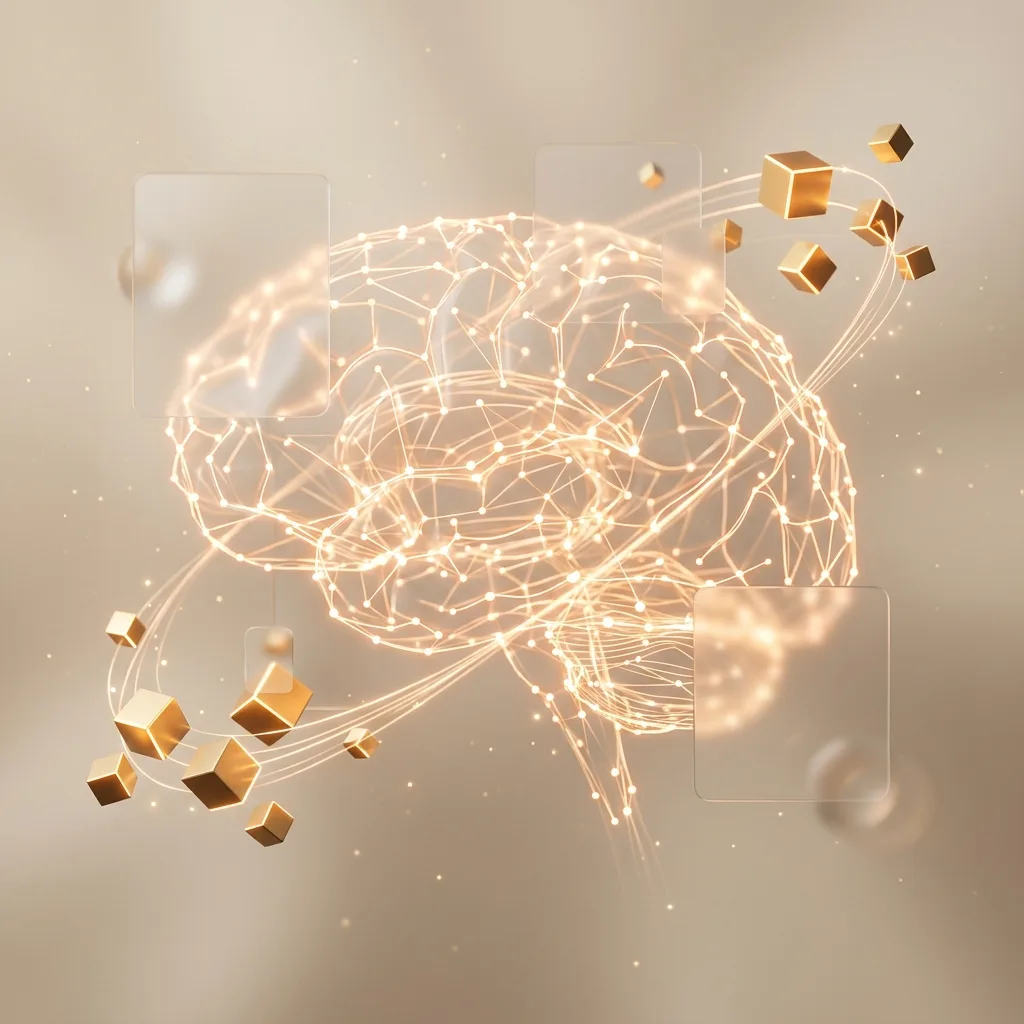 Generic illustration of a glowing neural network and connected golden cubes Generic illustration of a glowing neural network and connected golden cubes